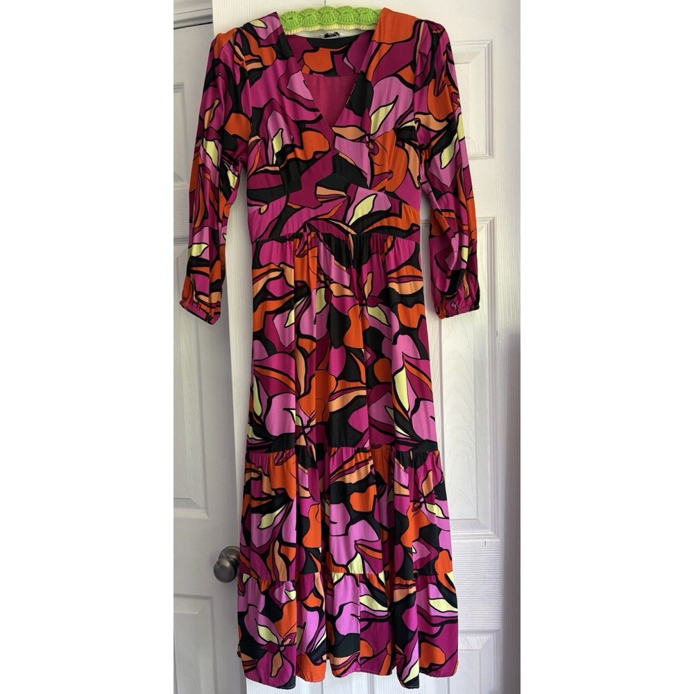 LaRoque Retro Print Tiered Midi Dress Abstract Pink Orange V-Neck Puff Sleeve XS